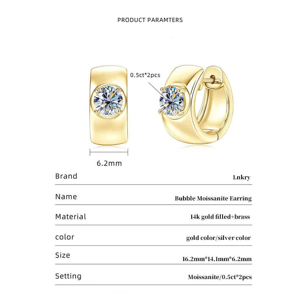 Lnkry Round 5MM Moissanite Earring With Certificate 14k Gold-Filled Wide Chunky Hoop Earrings for Women Vintage Jewelry Gift
