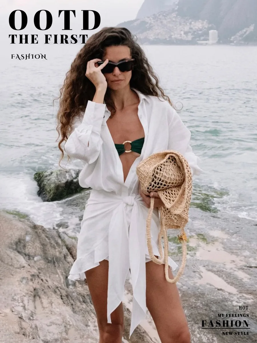 Wolfeel 2026 Summer Women's Resort Lazy Style Shirt Dress Solid Color Tie Front Collared Bodycon Summer Dress