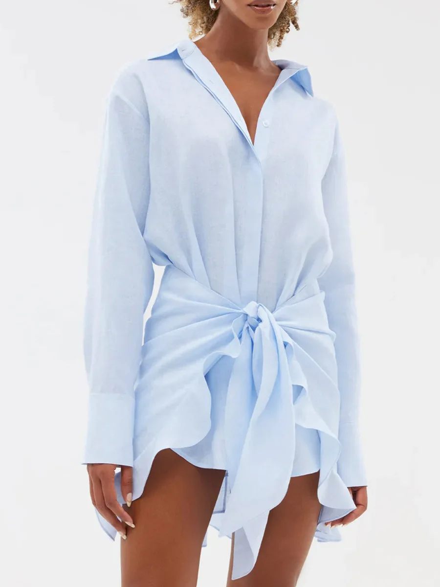 Wolfeel 2026 Summer Women's Resort Lazy Style Shirt Dress Solid Color Tie Front Collared Bodycon Summer Dress