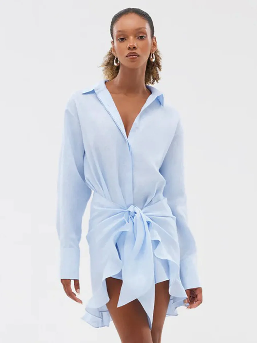 Wolfeel 2026 Summer Women's Resort Lazy Style Shirt Dress Solid Color Tie Front Collared Bodycon Summer Dress