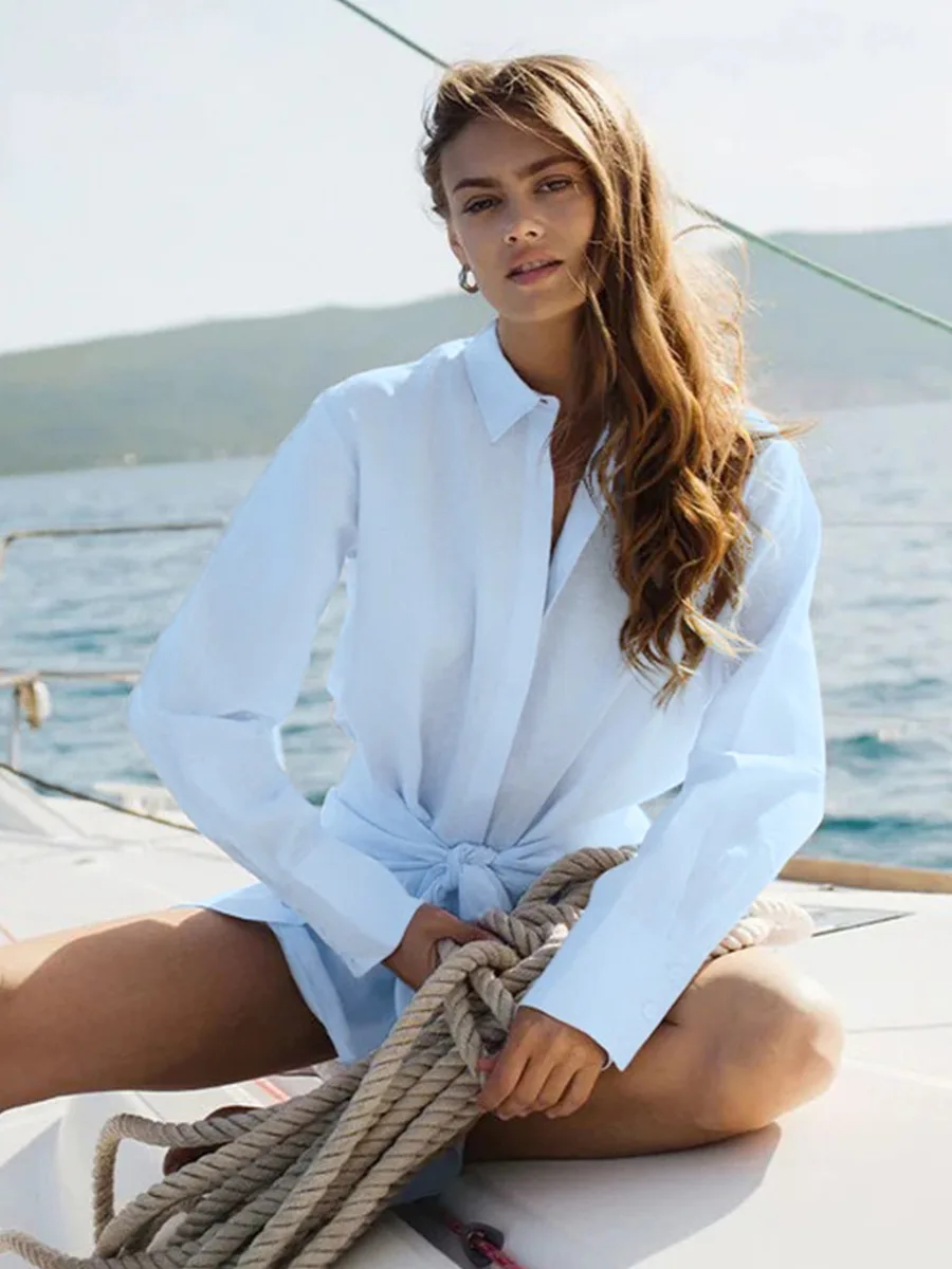 Wolfeel 2026 Summer Women's Resort Lazy Style Shirt Dress Solid Color Tie Front Collared Bodycon Summer Dress