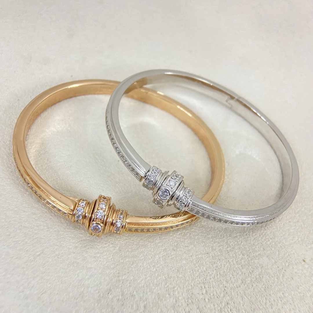 Lucky Spinning Bead Bangle 17cm Size 18K Gold Plated Pave 5A Zirconia Open Bracelets For Women Fine Jewelry