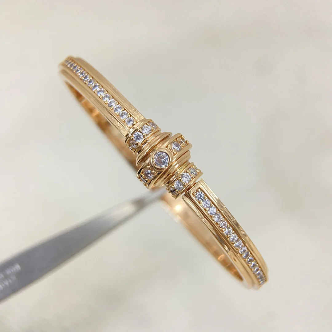 Lucky Spinning Bead Bangle 17cm Size 18K Gold Plated Pave 5A Zirconia Open Bracelets For Women Fine Jewelry