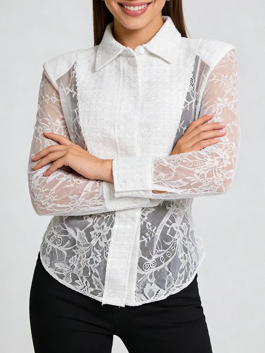 TWOTWINSTYLE Slimming Sheer Spliced Lace Sexy Shirt for Women Lapel Long Sleeves Tunic Patchwork Hot Fix Shirts Female Clothing