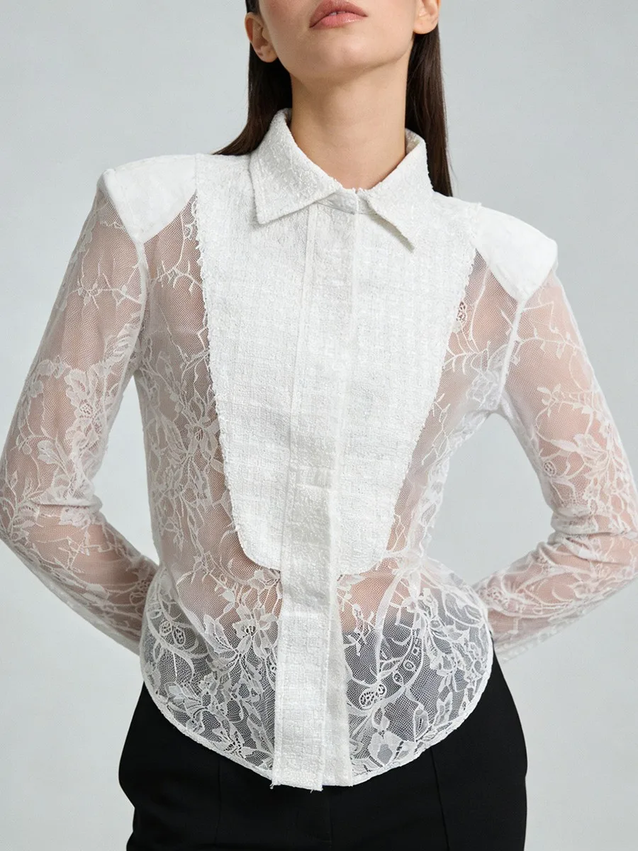 TWOTWINSTYLE Slimming Sheer Spliced Lace Sexy Shirt for Women Lapel Long Sleeves Tunic Patchwork Hot Fix Shirts Female Clothing