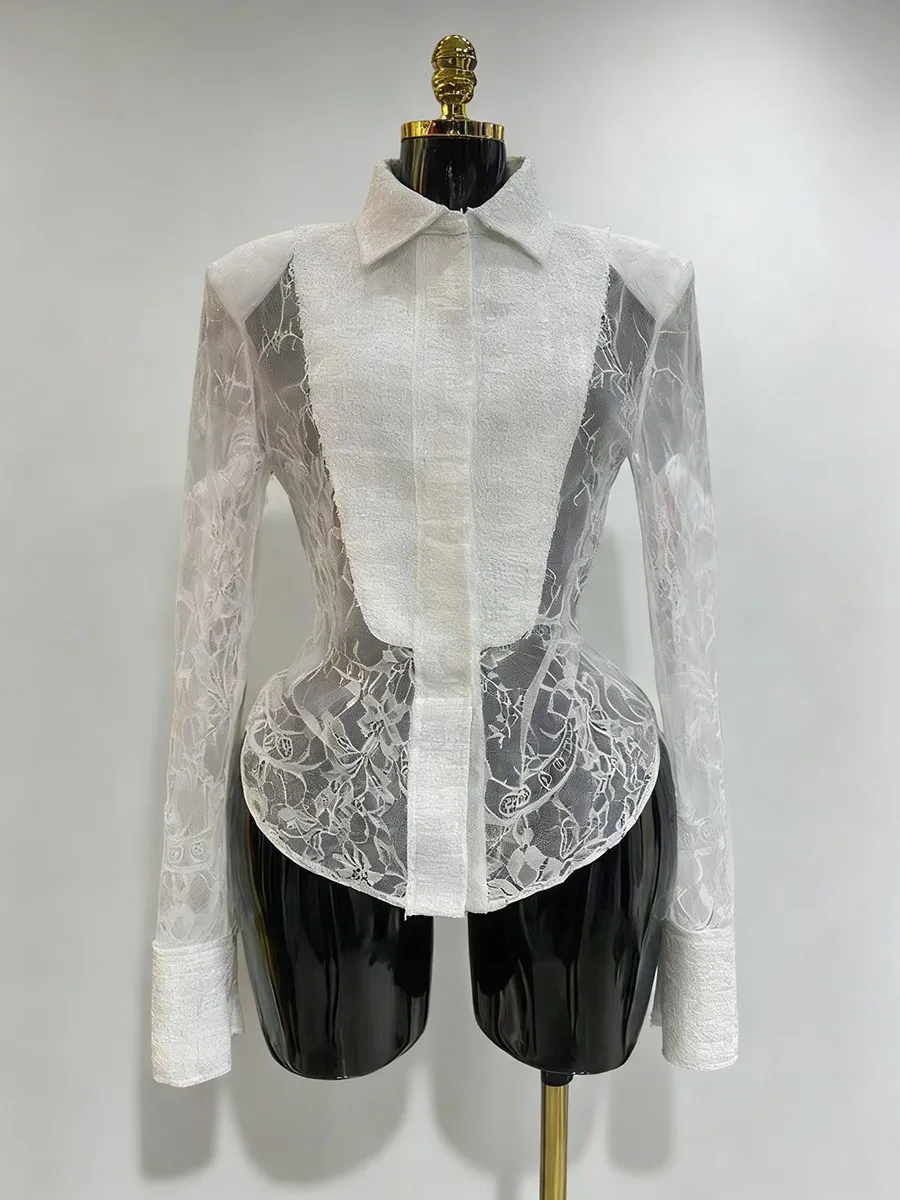 TWOTWINSTYLE Slimming Sheer Spliced Lace Sexy Shirt for Women Lapel Long Sleeves Tunic Patchwork Hot Fix Shirts Female Clothing