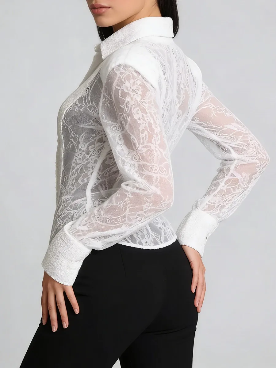 TWOTWINSTYLE Slimming Sheer Spliced Lace Sexy Shirt for Women Lapel Long Sleeves Tunic Patchwork Hot Fix Shirts Female Clothing