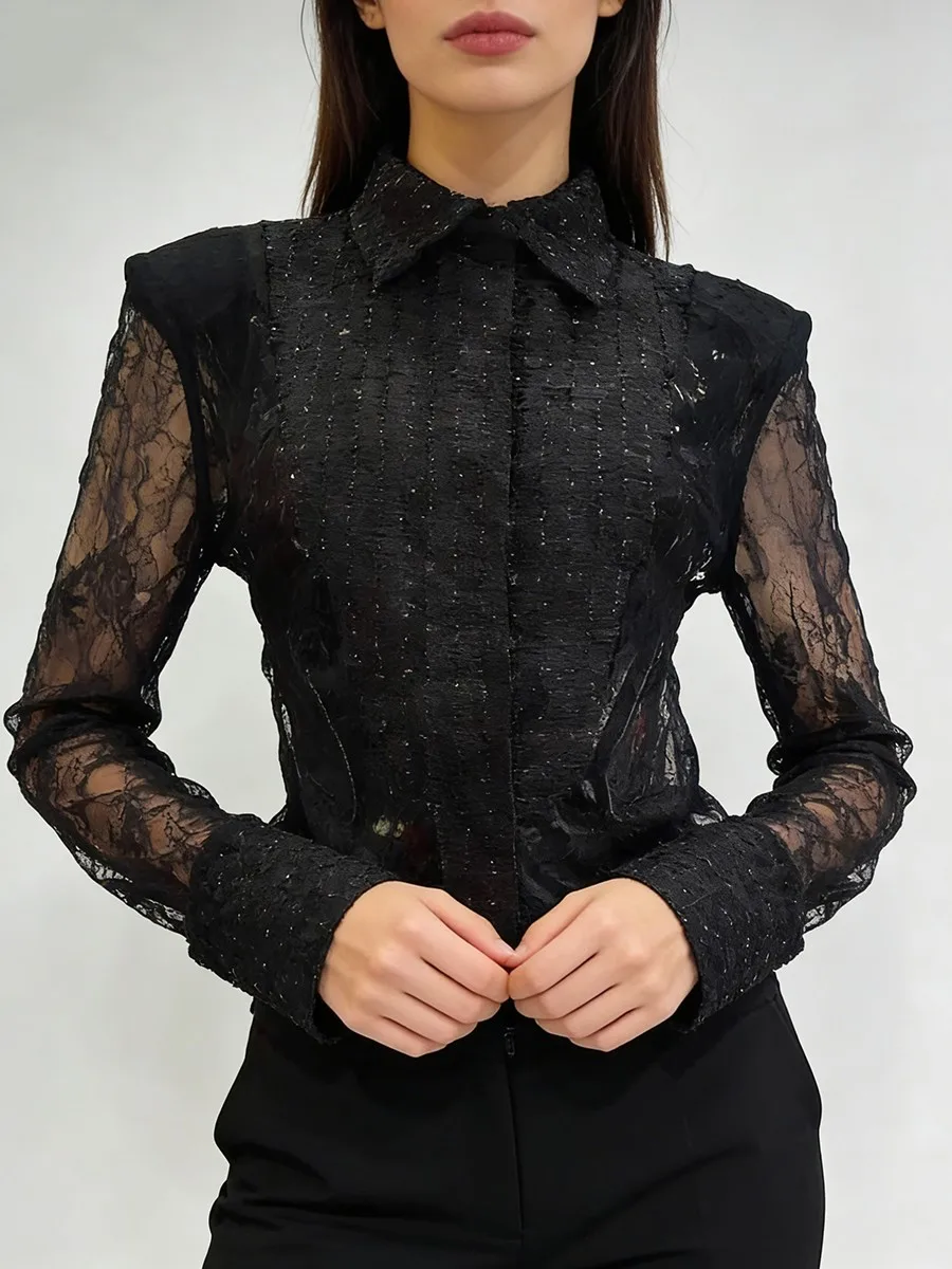 TWOTWINSTYLE Slimming Sheer Spliced Lace Sexy Shirt for Women Lapel Long Sleeves Tunic Patchwork Hot Fix Shirts Female Clothing