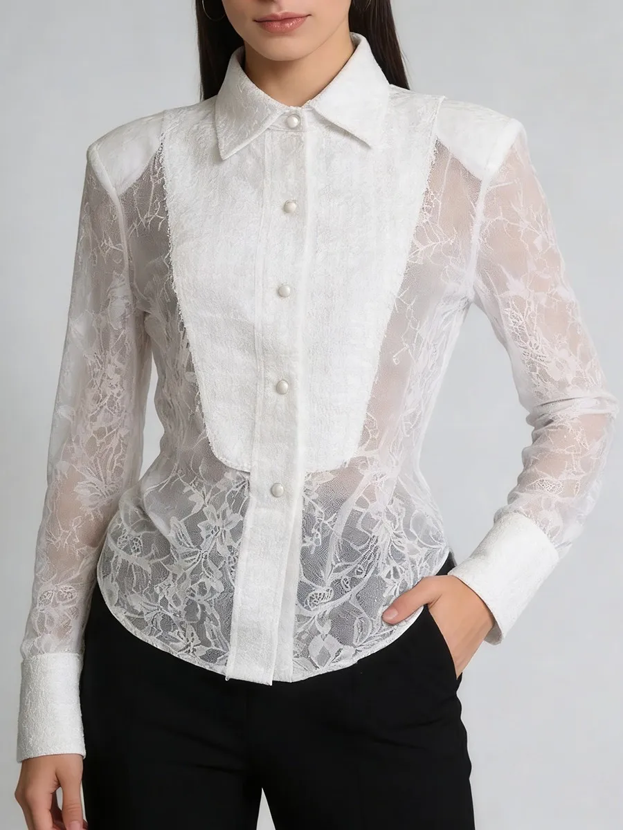 TWOTWINSTYLE Slimming Sheer Spliced Lace Sexy Shirt for Women Lapel Long Sleeves Tunic Patchwork Hot Fix Shirts Female Clothing