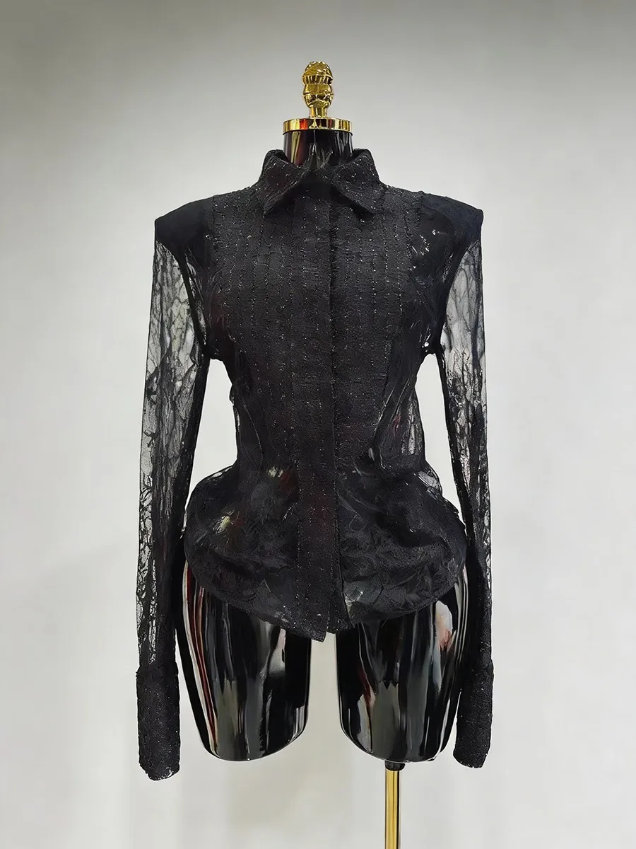 TWOTWINSTYLE Slimming Sheer Spliced Lace Sexy Shirt for Women Lapel Long Sleeves Tunic Patchwork Hot Fix Shirts Female Clothing
