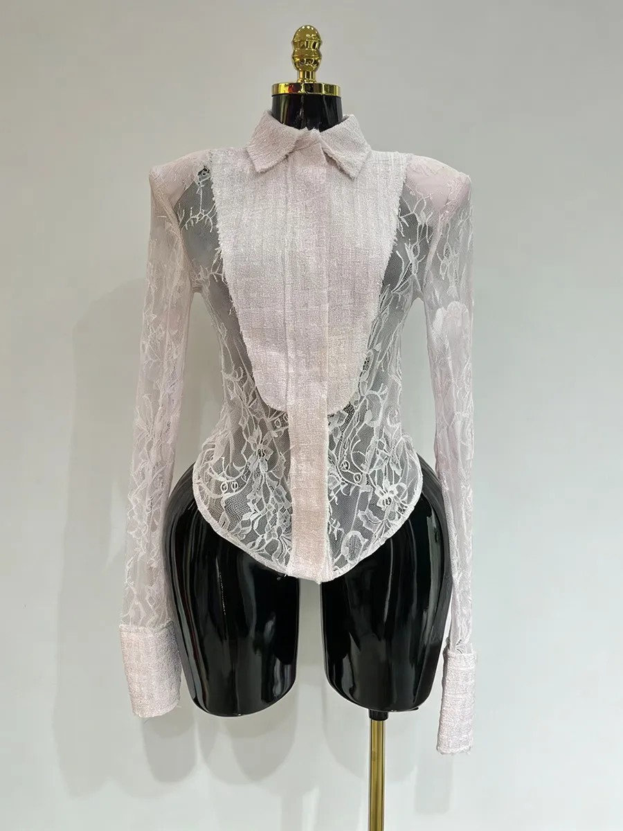 TWOTWINSTYLE Slimming Sheer Spliced Lace Sexy Shirt for Women Lapel Long Sleeves Tunic Patchwork Hot Fix Shirts Female Clothing