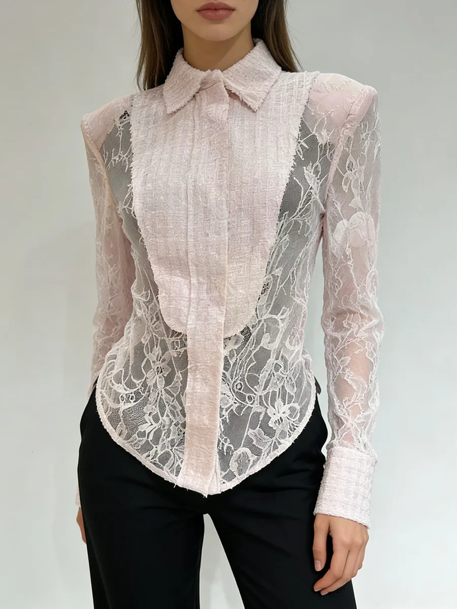 TWOTWINSTYLE Slimming Sheer Spliced Lace Sexy Shirt for Women Lapel Long Sleeves Tunic Patchwork Hot Fix Shirts Female Clothing