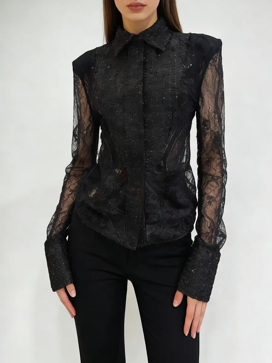 TWOTWINSTYLE Slimming Sheer Spliced Lace Sexy Shirt for Women Lapel Long Sleeves Tunic Patchwork Hot Fix Shirts Female Clothing