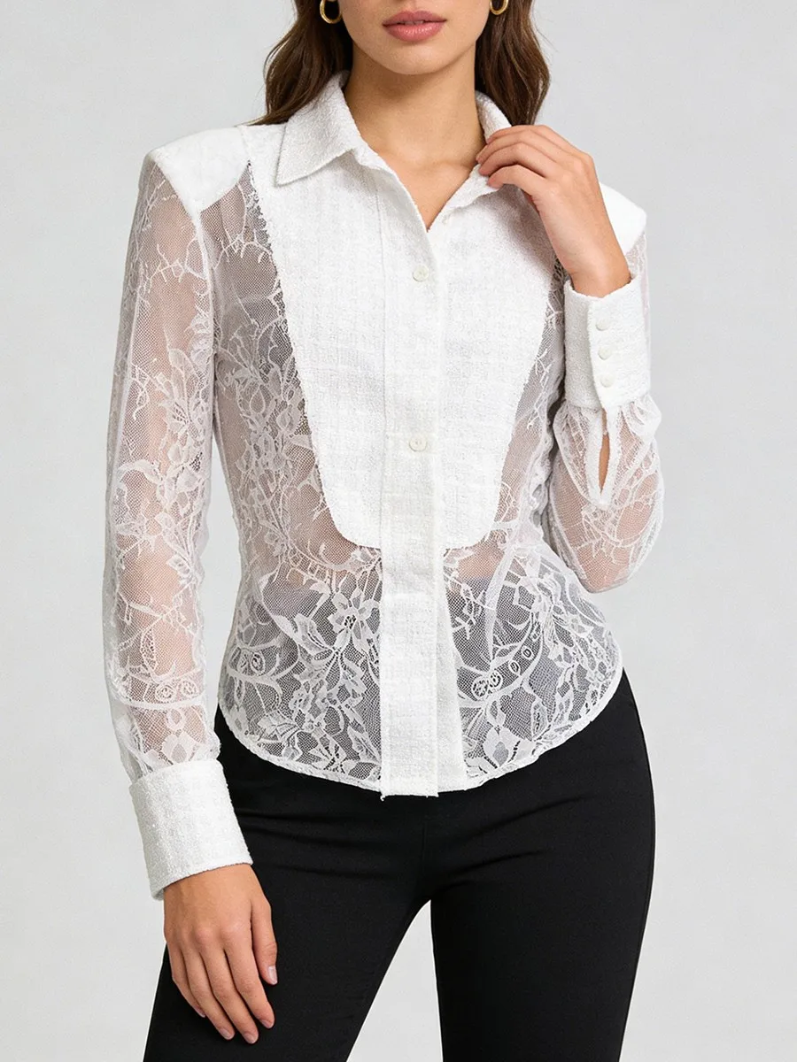 TWOTWINSTYLE Slimming Sheer Spliced Lace Sexy Shirt for Women Lapel Long Sleeves Tunic Patchwork Hot Fix Shirts Female Clothing