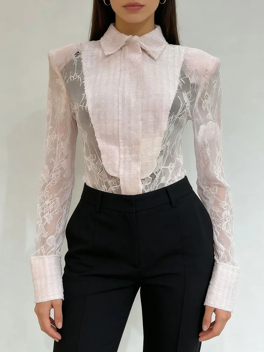 TWOTWINSTYLE Slimming Sheer Spliced Lace Sexy Shirt for Women Lapel Long Sleeves Tunic Patchwork Hot Fix Shirts Female Clothing