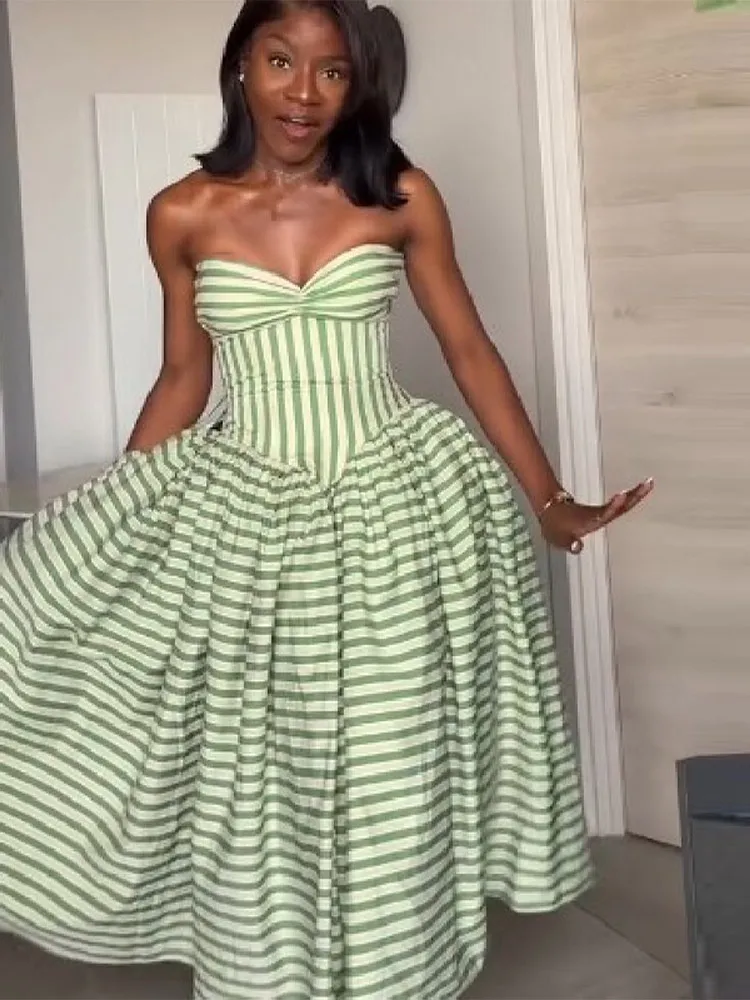 Fresh Vacation Dress Striped Vintage Strapless Slim Fit Dresses Women Beach Chic Female Stylish Elegant Summer Cute Outfit