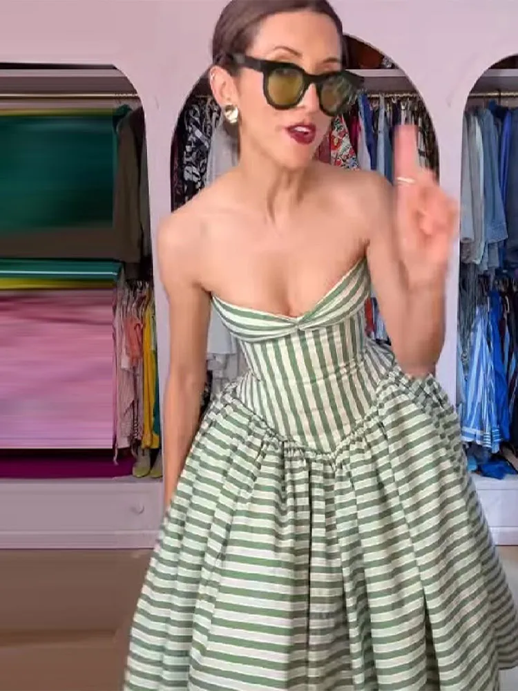 Fresh Vacation Dress Striped Vintage Strapless Slim Fit Dresses Women Beach Chic Female Stylish Elegant Summer Cute Outfit