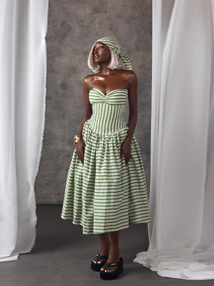Fresh Vacation Dress Striped Vintage Strapless Slim Fit Dresses Women Beach Chic Female Stylish Elegant Summer Cute Outfit