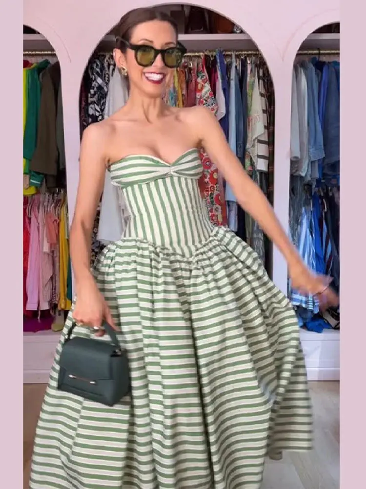 Fresh Vacation Dress Striped Vintage Strapless Slim Fit Dresses Women Beach Chic Female Stylish Elegant Summer Cute Outfit