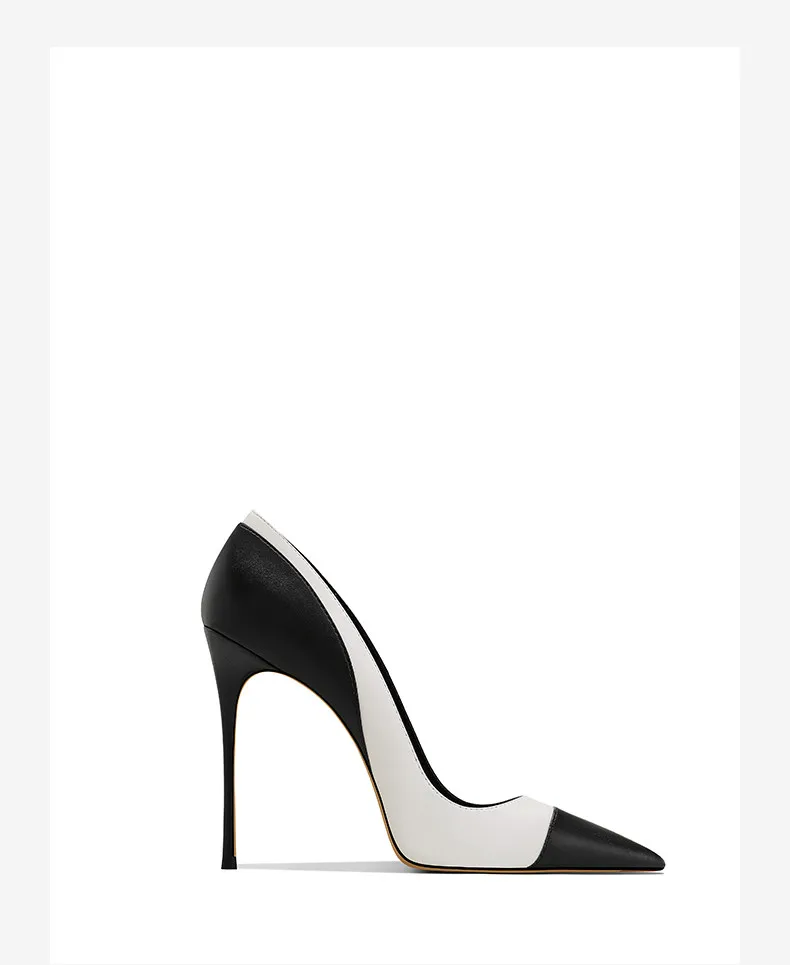 New Women's Slim Heel Fashionable Temperament Color Blocked Commuting Work Pointed Shallow Mouth High Heels 33-46