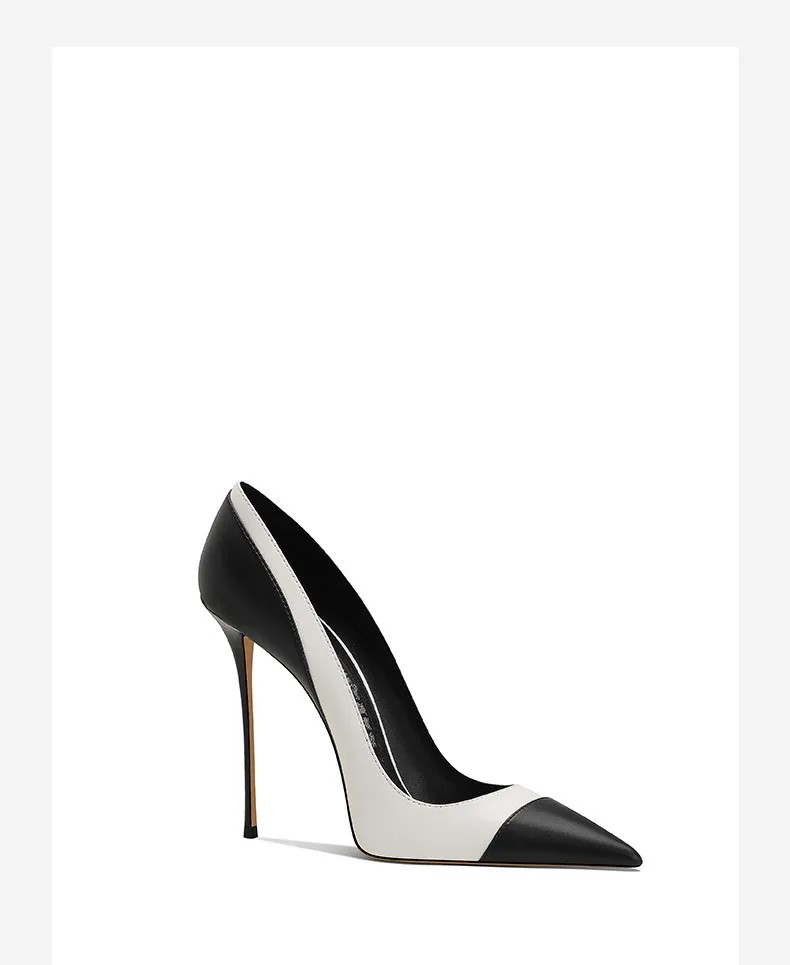 New Women's Slim Heel Fashionable Temperament Color Blocked Commuting Work Pointed Shallow Mouth High Heels 33-46