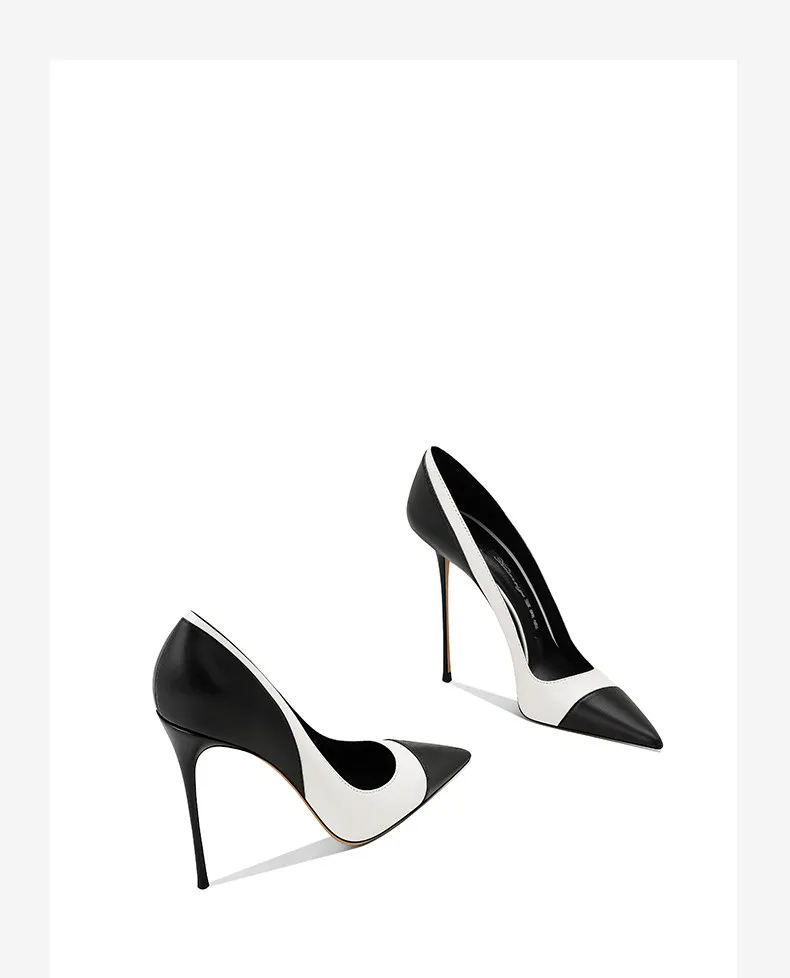 New Women's Slim Heel Fashionable Temperament Color Blocked Commuting Work Pointed Shallow Mouth High Heels 33-46