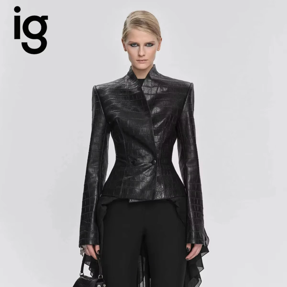 BJTZ Women Vintage Faux Leather Jacket Asymmetric Hem Slim Fit Waist Elegant Office Party Casual Outerwear Spring Autumn