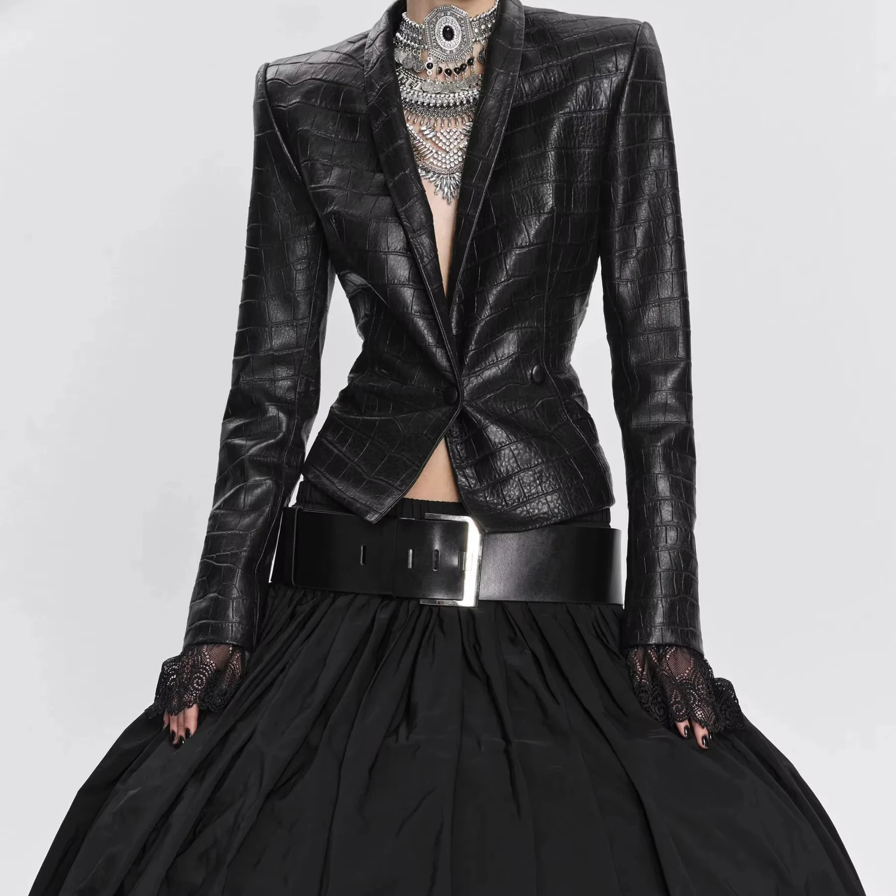 BJTZ Women Vintage Faux Leather Jacket Asymmetric Hem Slim Fit Waist Elegant Office Party Casual Outerwear Spring Autumn