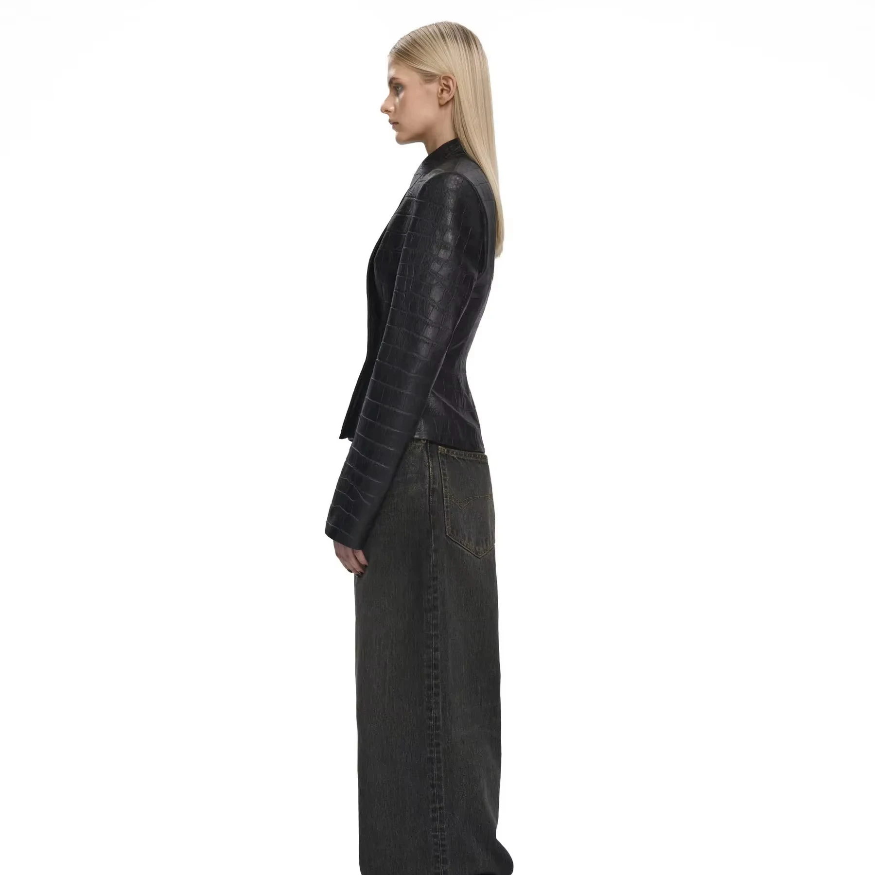 BJTZ Women Vintage Faux Leather Jacket Asymmetric Hem Slim Fit Waist Elegant Office Party Casual Outerwear Spring Autumn