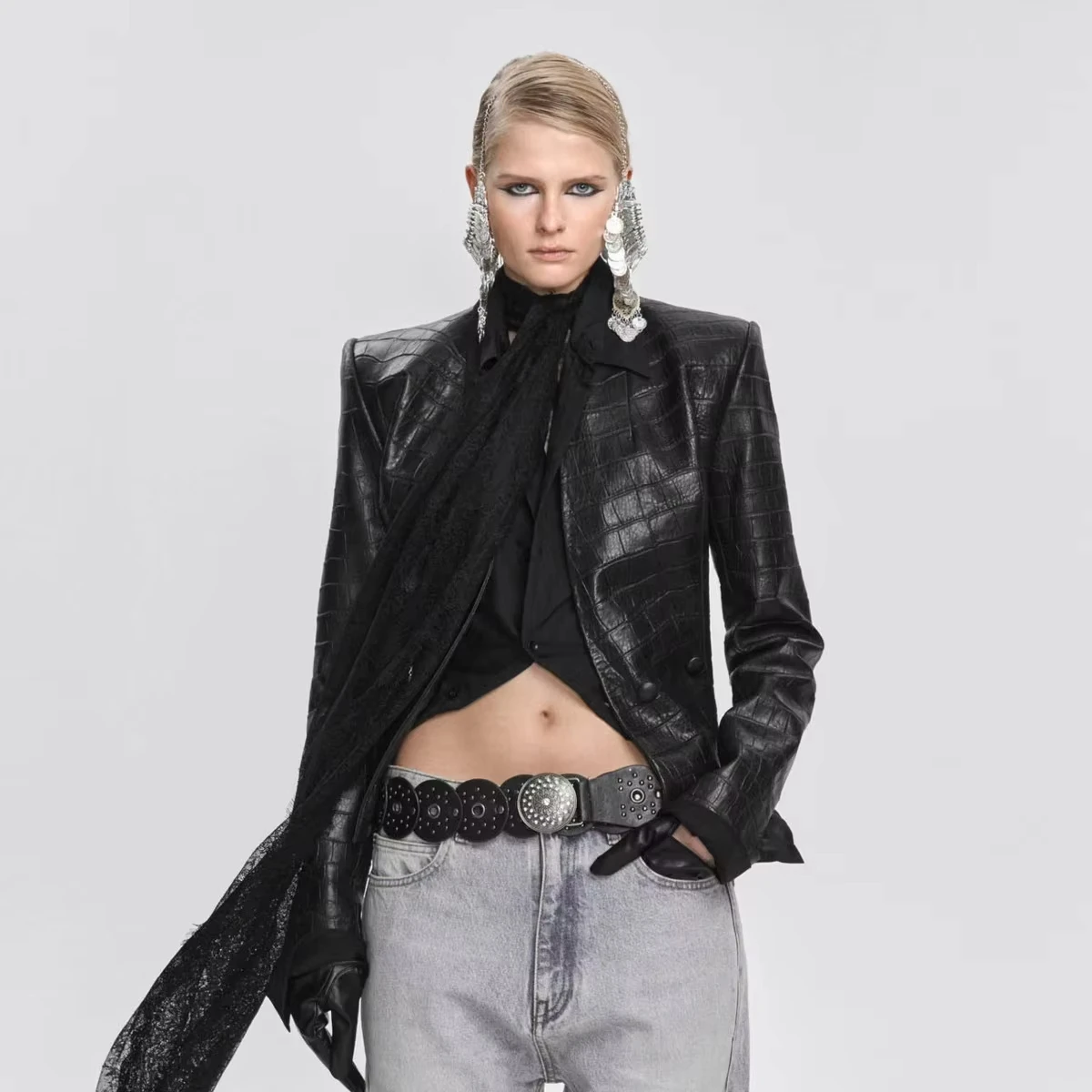 BJTZ Women Vintage Faux Leather Jacket Asymmetric Hem Slim Fit Waist Elegant Office Party Casual Outerwear Spring Autumn