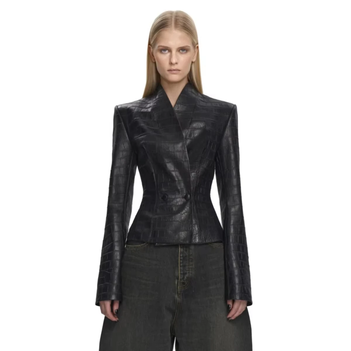 BJTZ Women Vintage Faux Leather Jacket Asymmetric Hem Slim Fit Waist Elegant Office Party Casual Outerwear Spring Autumn