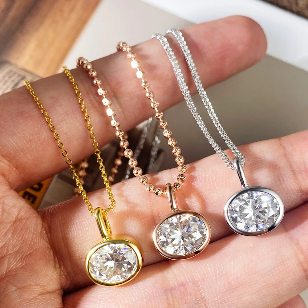 EWYA Oval Cut 2/3/4ct Solitaire Moissanite Pendant Necklaces Women Wedding S925 Silver 1.5mm Solid Choker Big Diamond Neck Chain