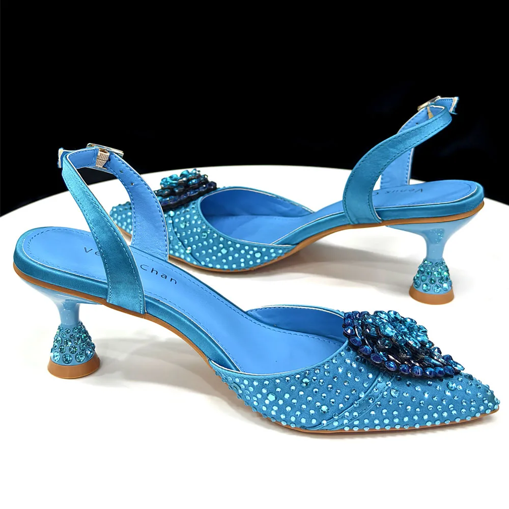 Venus Chan Blue Color Rhinestone Comfortable High Heel Shoe And Bag Fashion Style Pointed-Toe Shoes For Women Or Commuting Shoes