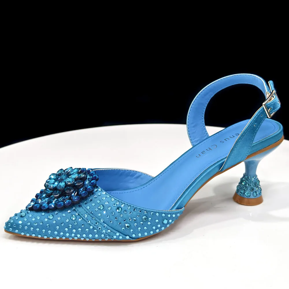 Venus Chan Blue Color Rhinestone Comfortable High Heel Shoe And Bag Fashion Style Pointed-Toe Shoes For Women Or Commuting Shoes