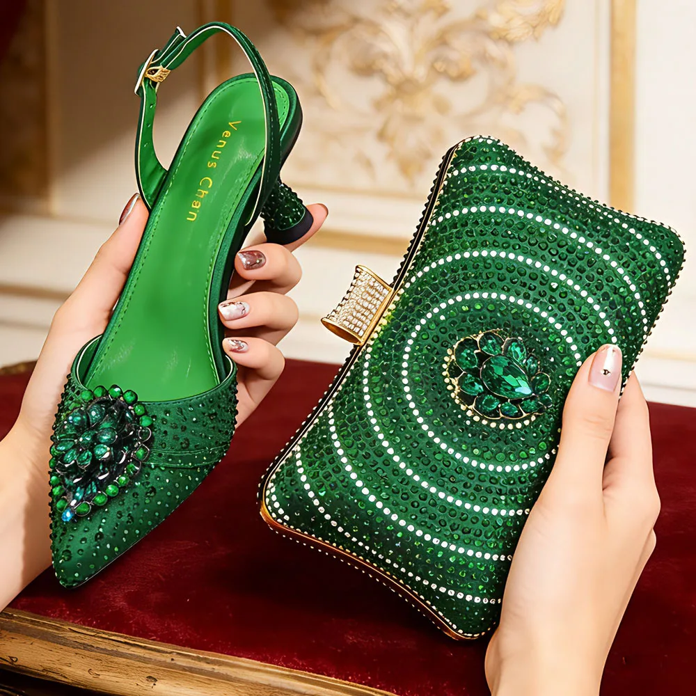 Venus Chan Blue Color Rhinestone Comfortable High Heel Shoe And Bag Fashion Style Pointed-Toe Shoes For Women Or Commuting Shoes