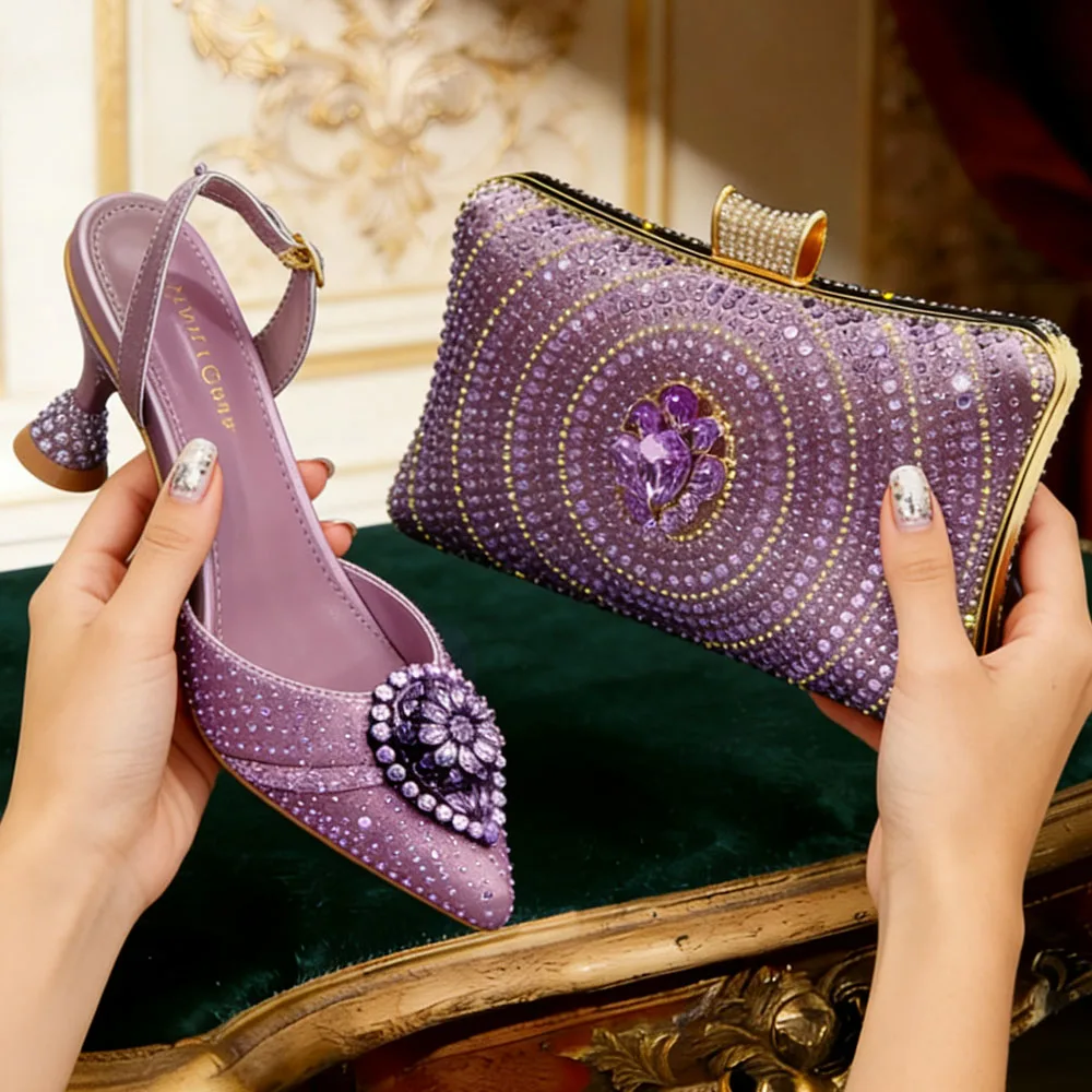 Venus Chan Blue Color Rhinestone Comfortable High Heel Shoe And Bag Fashion Style Pointed-Toe Shoes For Women Or Commuting Shoes