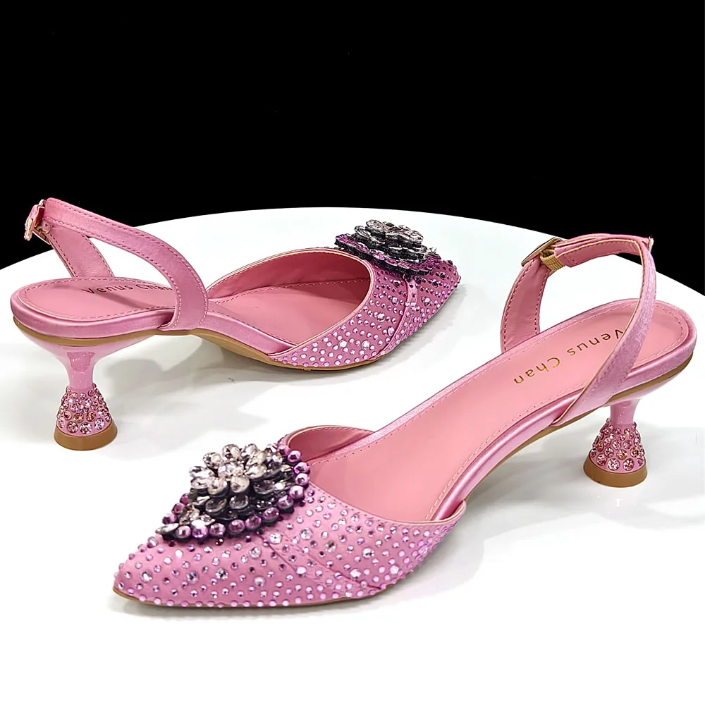Venus Chan Blue Color Rhinestone Comfortable High Heel Shoe And Bag Fashion Style Pointed-Toe Shoes For Women Or Commuting Shoes