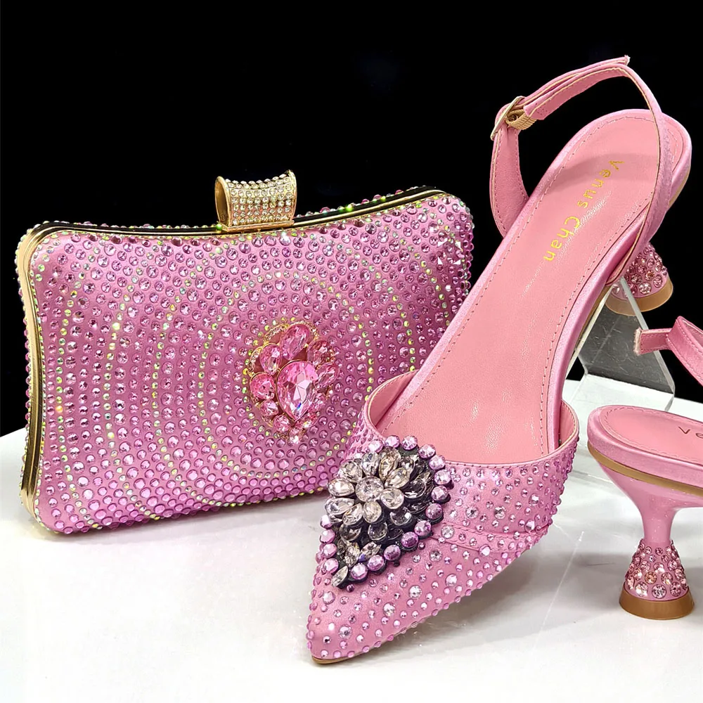 Venus Chan Blue Color Rhinestone Comfortable High Heel Shoe And Bag Fashion Style Pointed-Toe Shoes For Women Or Commuting Shoes
