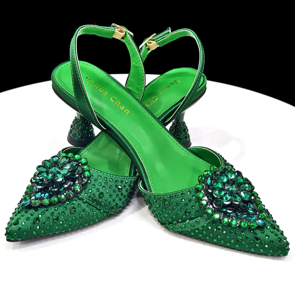 Venus Chan Blue Color Rhinestone Comfortable High Heel Shoe And Bag Fashion Style Pointed-Toe Shoes For Women Or Commuting Shoes