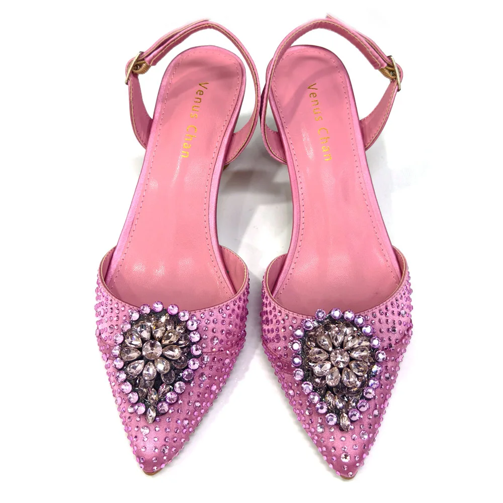 Venus Chan Blue Color Rhinestone Comfortable High Heel Shoe And Bag Fashion Style Pointed-Toe Shoes For Women Or Commuting Shoes
