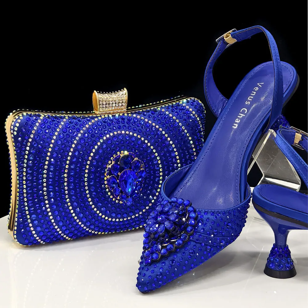 Venus Chan Blue Color Rhinestone Comfortable High Heel Shoe And Bag Fashion Style Pointed-Toe Shoes For Women Or Commuting Shoes
