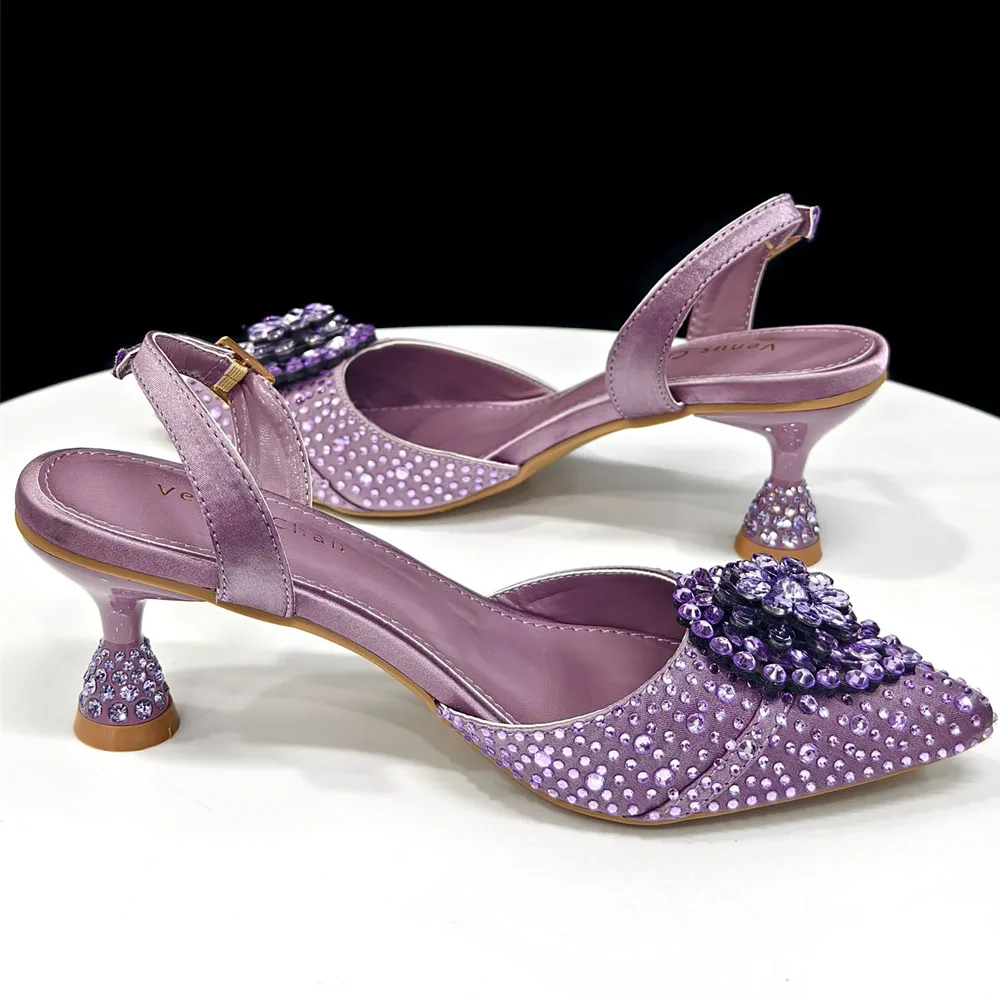 Venus Chan Blue Color Rhinestone Comfortable High Heel Shoe And Bag Fashion Style Pointed-Toe Shoes For Women Or Commuting Shoes