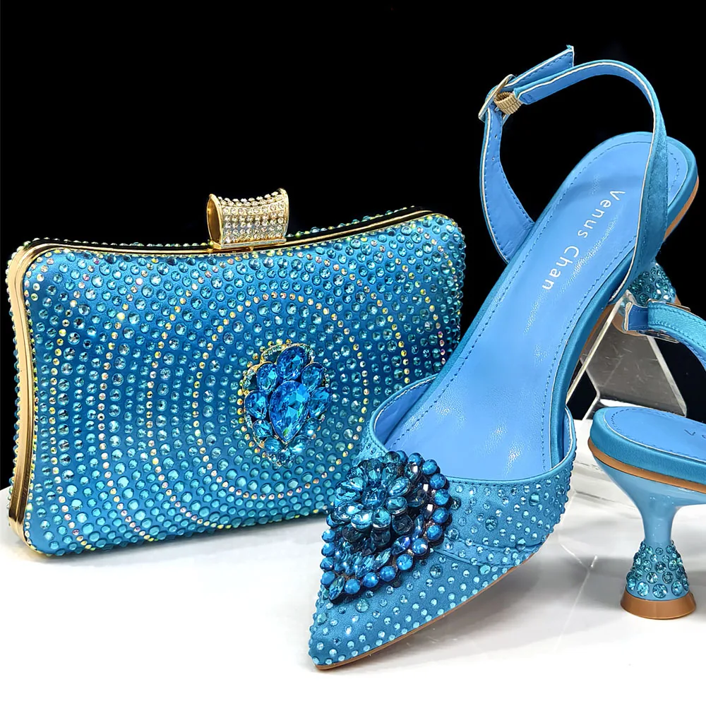 Venus Chan Blue Color Rhinestone Comfortable High Heel Shoe And Bag Fashion Style Pointed-Toe Shoes For Women Or Commuting Shoes