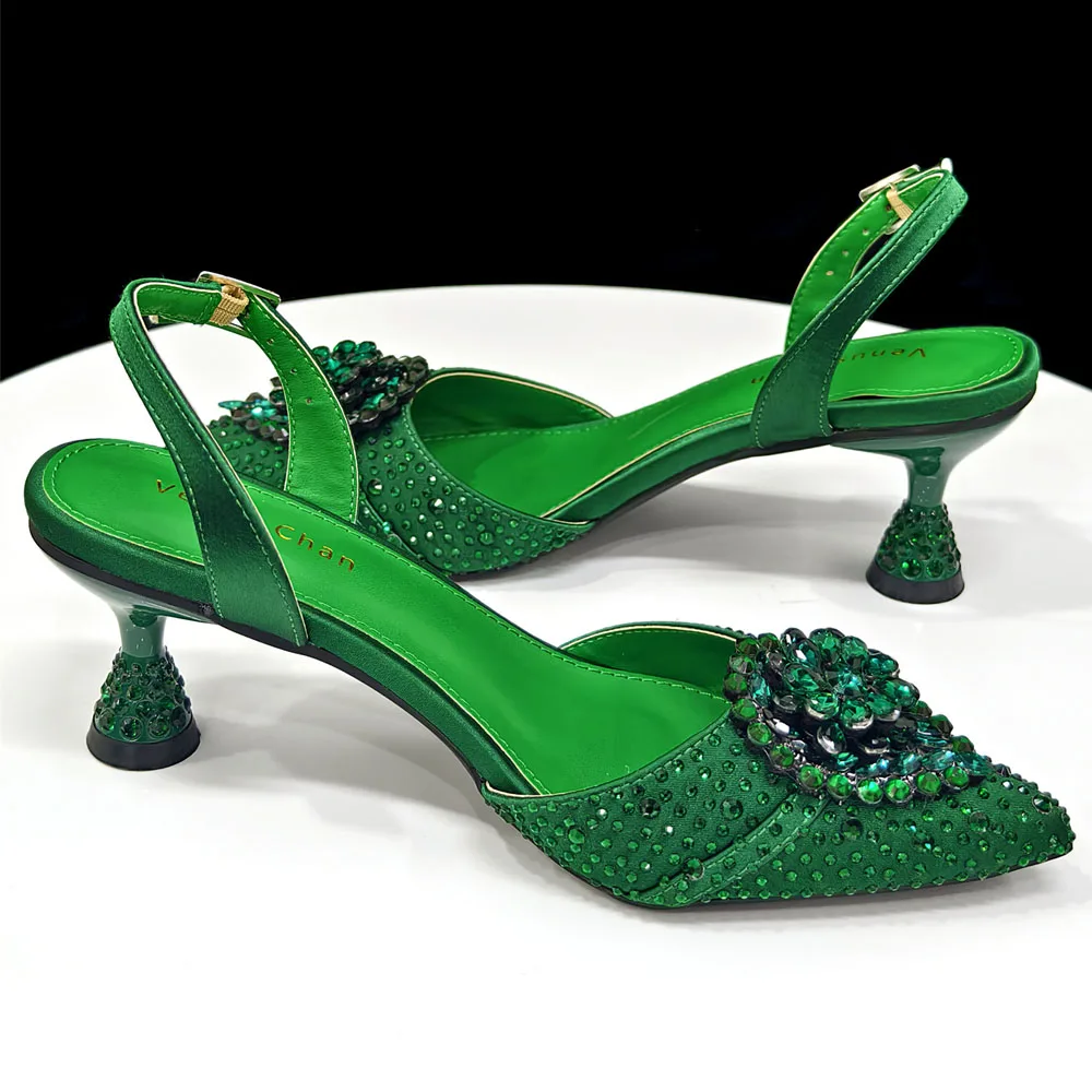 Venus Chan Blue Color Rhinestone Comfortable High Heel Shoe And Bag Fashion Style Pointed-Toe Shoes For Women Or Commuting Shoes