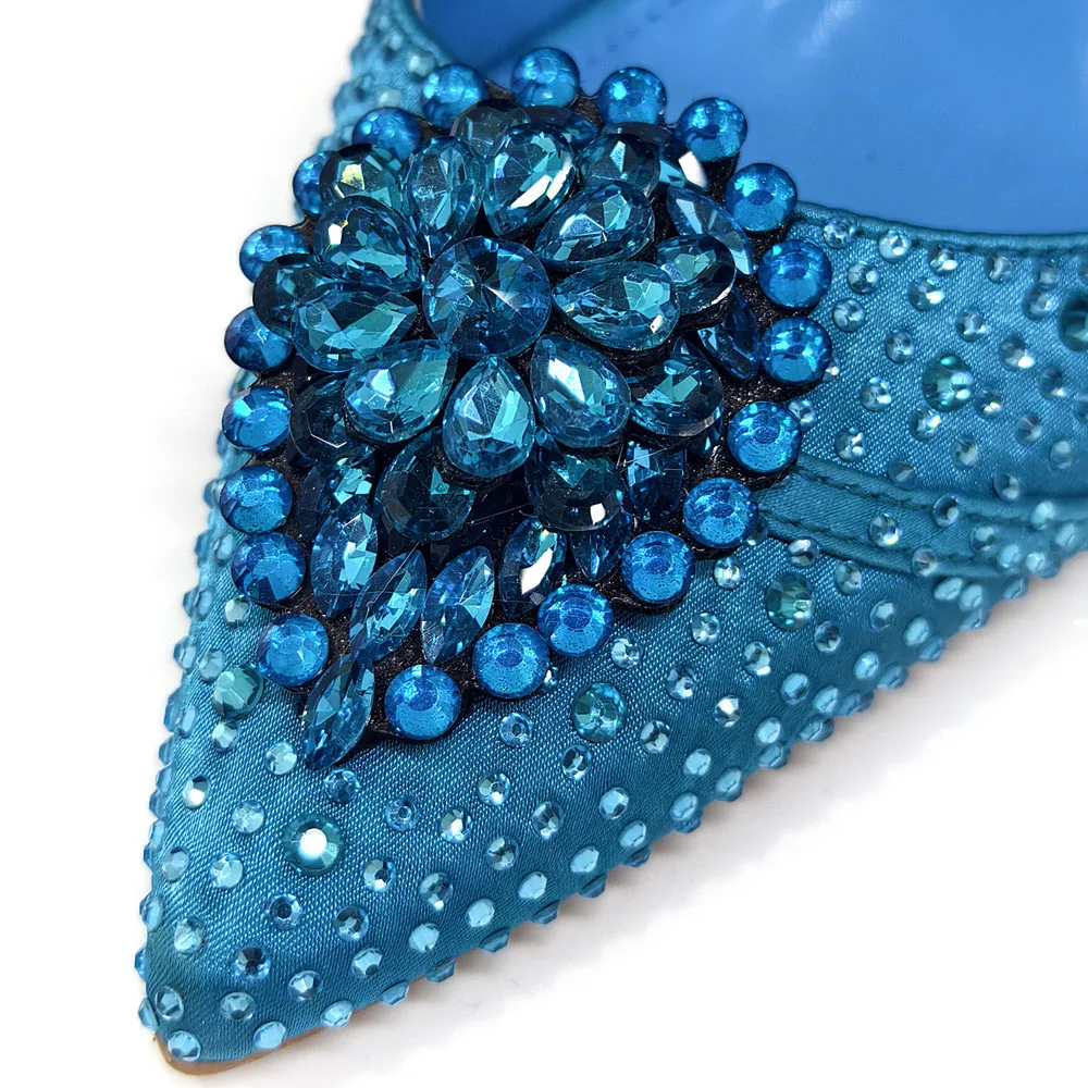 Venus Chan Blue Color Rhinestone Comfortable High Heel Shoe And Bag Fashion Style Pointed-Toe Shoes For Women Or Commuting Shoes