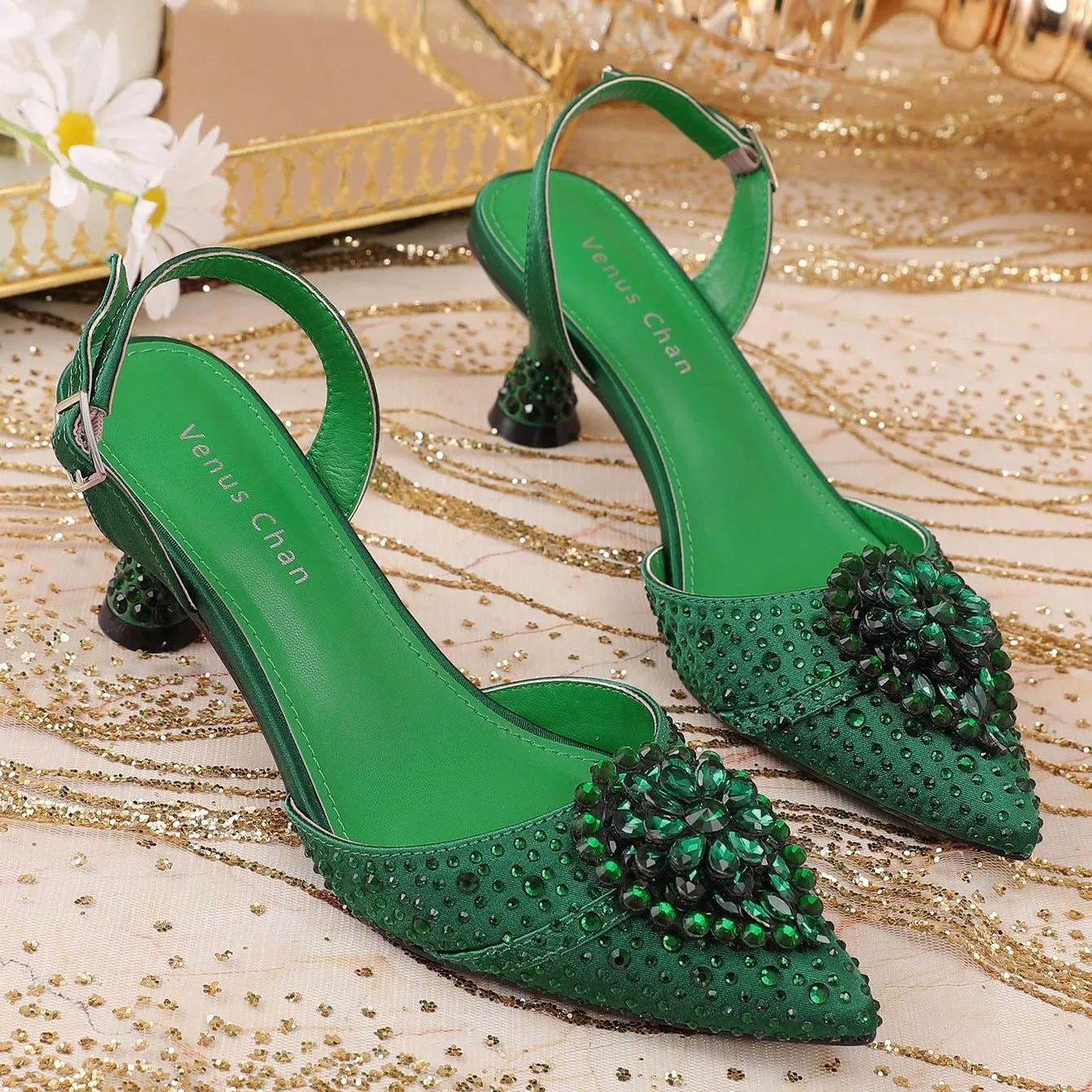 2025 Women's Green High Heels - Italy-Inspired Rhinestone Pointed-Toe Design for Gorgeous Parties | Plus Size Available