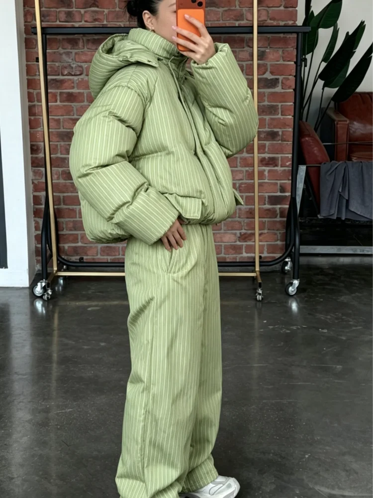 Women Striped Hooded Puffer Two Piece Outfit Oversized Cropped Jacket Baggy Pants Set Daily Outdoor Fashion Matching Outfit