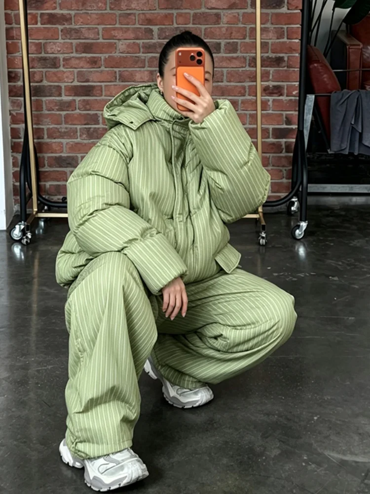 Women Striped Hooded Puffer Two Piece Outfit Oversized Cropped Jacket Baggy Pants Set Daily Outdoor Fashion Matching Outfit