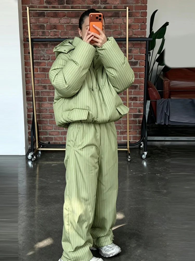 Women Striped Hooded Puffer Two Piece Outfit Oversized Cropped Jacket Baggy Pants Set Daily Outdoor Fashion Matching Outfit