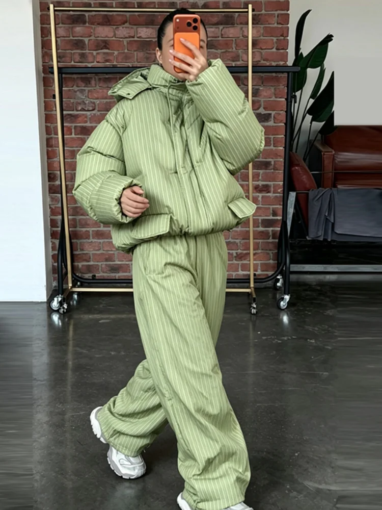 Women Striped Hooded Puffer Two Piece Outfit Oversized Cropped Jacket Baggy Pants Set Daily Outdoor Fashion Matching Outfit